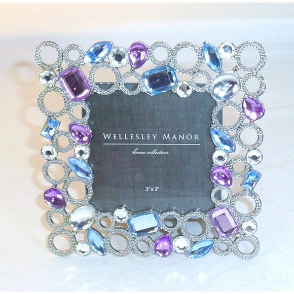 Wellesley Manor Blue Purple Jeweled Silver Rings 3x3 square Photo Frame Sparkle - Picture 1 of 5